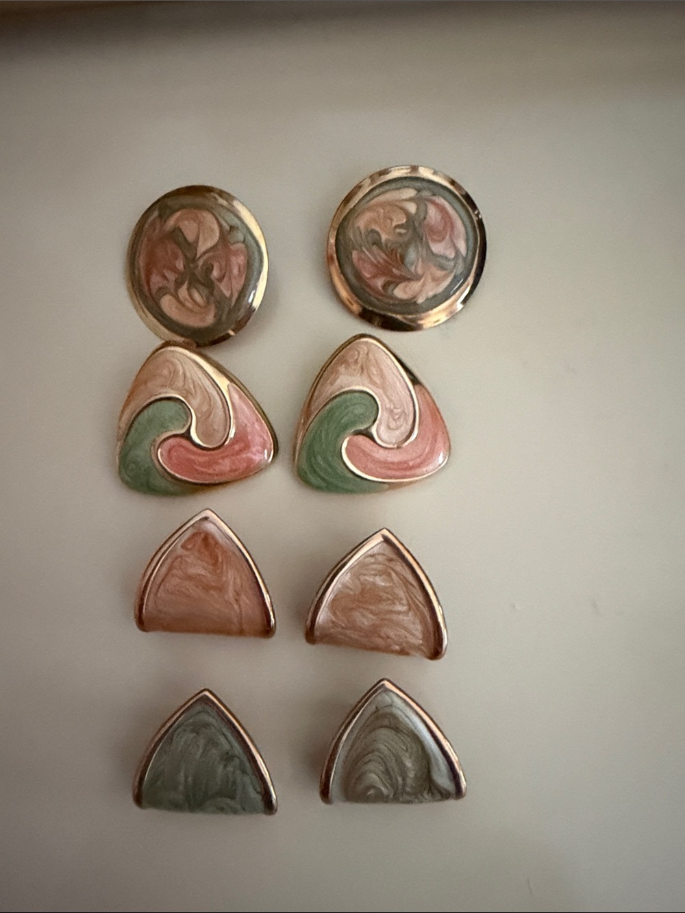 Vintage lot of 4 Unique Swirled Enamel Post Earrings sage green peach blush